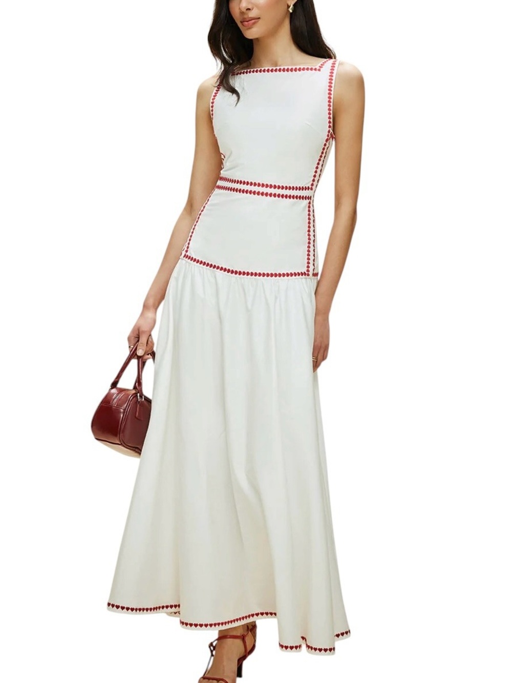 Commense White Red Heart Embroidered Trim Cotton Maxi Dress Medium NWT Tie Back - Picture 3 of 12